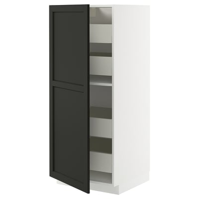 Moderner schwarzer Schrank mit Metallböden, METOD-System, glatten Schubladen, verstellbaren Regalen.