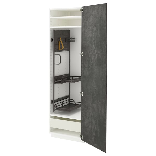 Moderner Küchenschrank, dunkelgrau, Metall & Spanplatte, offenes Design, verstellbare Regale.
