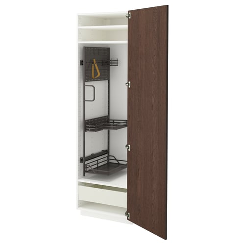 Ein brauner Holzschrank mit offener Schiebetür, die verstellbare Regale und eine ausziehbare Schublade im Inneren freigibt.