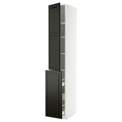 Moderner schwarz-weißer Schrank. Hoch und rechteckig, mit Glastüren. Stromlinienförmiges, schlankes Design.