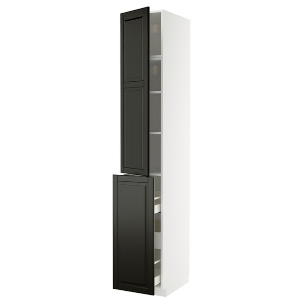 Moderner schwarz-weißer Schrank. Hoch und rechteckig, mit Glastüren. Stromlinienförmiges, schlankes Design.