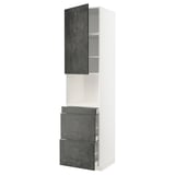 Moderne Küchenzeile, weiß und dunkelgrau. Hochschrank mit offenem Mittelteil und Schubladen.