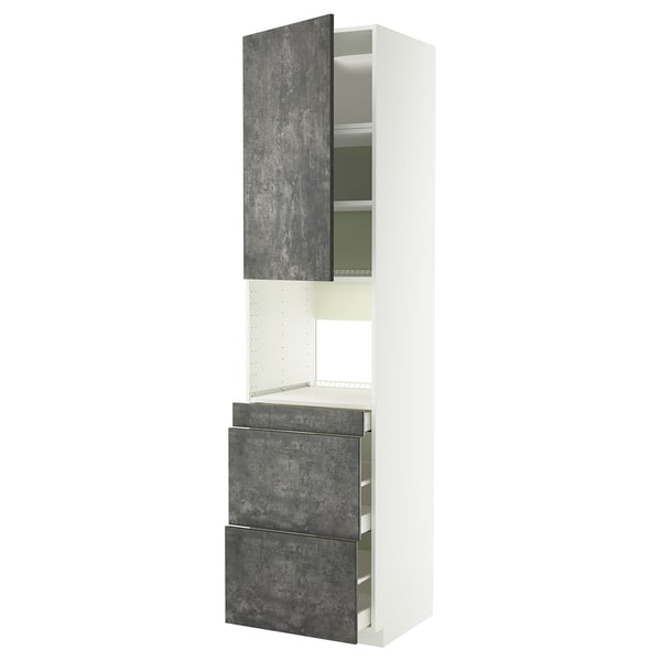 METOD / MAXIMERA HS f Kombimikro m Tür/3 Schub, weiß/Kalhyttan Betonmuster dunkelgrau, 60x60x240 cm