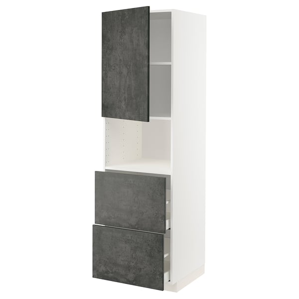 Moderne Küchenzeile, weiß mit grauen Schubladen und Schränken, schlanker und urbaner Look.