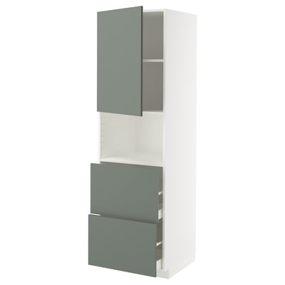 Ikea METOD Küchenschrank, graugrün, mit offener Tür und Schubladen, rechteckige Form, modernes Design.