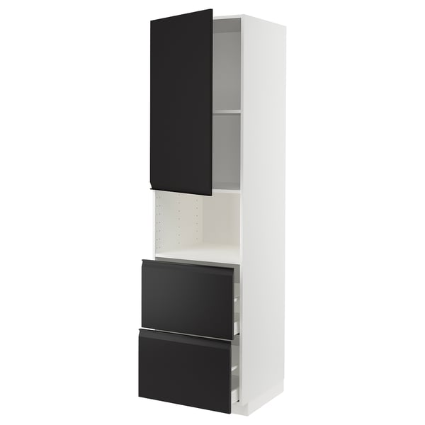 Ein moderner weißer Küchenschrank mit schwarzen Schubladen und einer Tür. Es hat einen integrierten Griff und ein schlankes, minimalistisches Design.