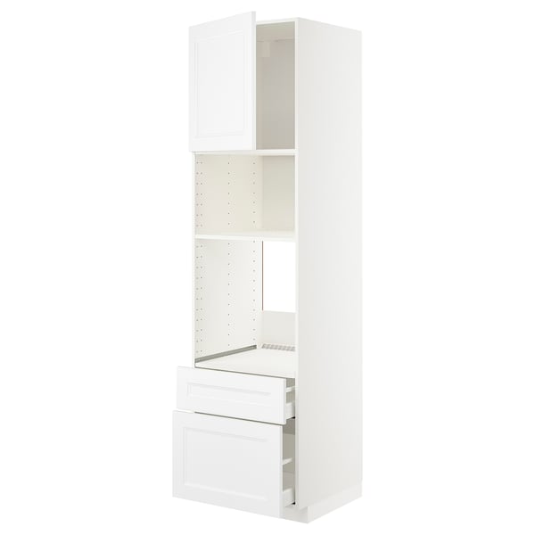 Eine weiße METOD-Küchenzeile mit Schubladen und Regalen. Es ist ein sauberes, modernes Design mit einem Schrank und mehreren Aufbewahrungsmöglichkeiten.
