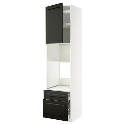 Moderner schwarz-weißer Küchenschrank. Hochschrank mit Schubladen und Regalen. Anspruchsvolles Design, robust und schlank.