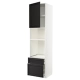 METOD Küchenschrank in Weiß und Schwarz. Hohes, rechteckiges Design mit Einlegeböden, Schubladen und stilvollen Fronten aus dunklem Holz.