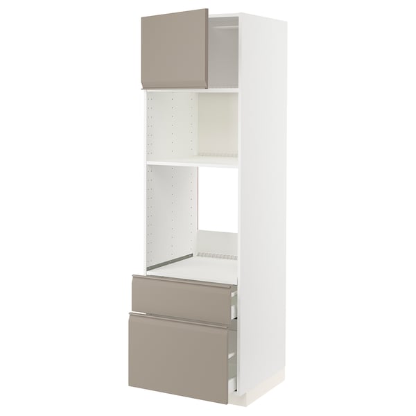 METOD Küchenzeile in Grau-Beige mit offenen Regalen und Schubladen, weißer Rahmen.