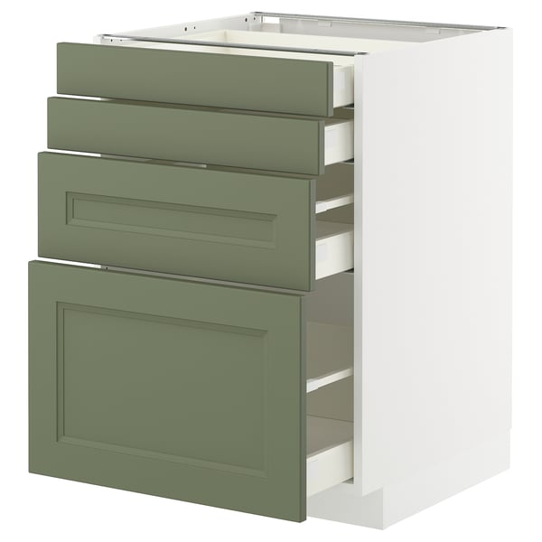 Dieses Bild zeigt einen weißen METOD-Küchenschrank mit grünen axstad-Schubladen. Der Schrank hat drei Schubladen und eine Tür und bietet Stauraum.