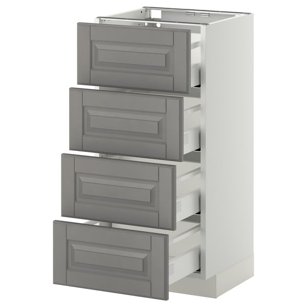 Ein grauer METOD-Küchenschrank mit vier Schubladen in traditionellem Design und abgeschrägten Kanten.