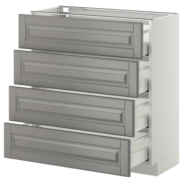 Präsentiert das IKEA METOD Küchensystem mit grauen Bodbyn-Fronten, abgeschrägten Kanten und vier selbstschließenden Schubladen.
