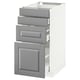 Grau-weißer Küchenschrank mit drei Schubladen und einer Tür, modernes Design.