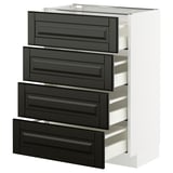 Moderner schwarzer Schubladenschrank von ikea METOD Küchensystem. Vier selbstschließende Schubladen, schlanke, abgeschrägte Kanten, weißer Außenschrank.