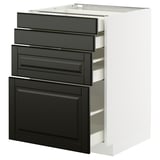 Moderner Küchenschrank mit schwarzen, abgeschrägten Schubladen und weißem Korpus, der viel Stauraum bietet.