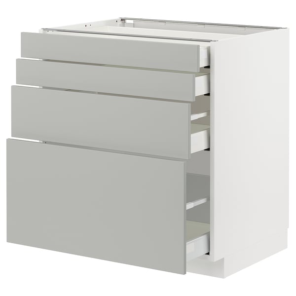 Moderner hellgrauer Küchenschrank mit mehreren Schubladen, schlanken Griffen, Metallic-Finish, rechteckiger Form und modernem Design.