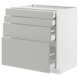 Moderner hellgrauer Küchenschrank mit mehreren Schubladen, schlanken Griffen, Metallic-Finish, rechteckiger Form und modernem Design.
