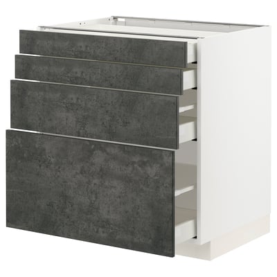 Moderne Küchenzeile, weiß und grau, schlanke Schubladen.