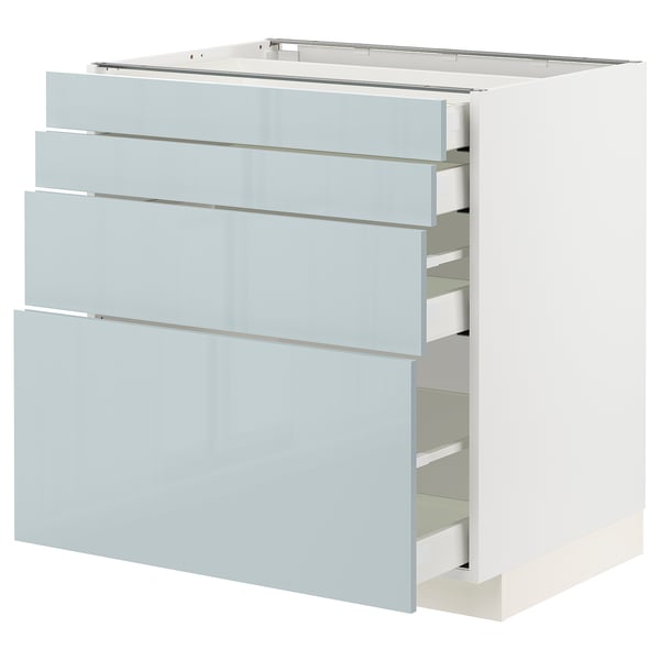 Moderne Küchenzeile mit grau-blauen Hochglanzschubladen, vier großen Schubladen.