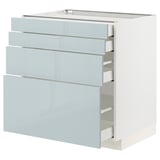 Moderne Küchenzeile mit grau-blauen Hochglanzschubladen, vier großen Schubladen.