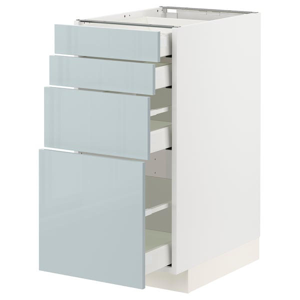 Ikea METOD Küchenzeile, grau-blau glänzend, vier Schubladen, weißer Sockel, modernes Design.