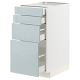 Ikea METOD Küchenzeile, grau-blau glänzend, vier Schubladen, weißer Sockel, modernes Design.