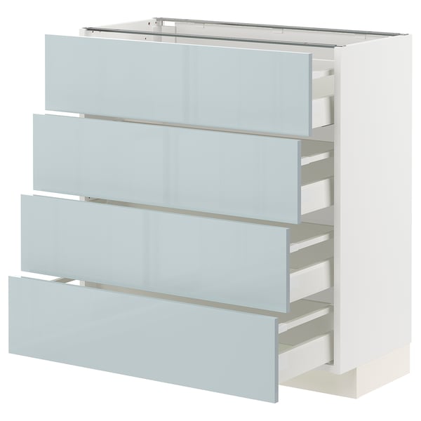 Weißer METOD-Schrank mit 4 hochglänzenden graublauen Schubladen, schlankes Design.