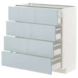 Weißer METOD-Schrank mit 4 hochglänzenden graublauen Schubladen, schlankes Design.