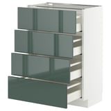 Moderne Küchenzeile mit vier graugrünen Hochglanzschubladen, weißem Rahmen, schlankem Design.