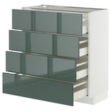 Moderner graugrüner Küchenschrank mit schlanken, glänzenden Schubladen in weißem Rahmen.