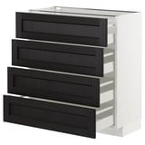 Moderner weißer und schwarzer Küchenschrank mit vier ausziehbaren Schubladen.