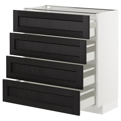 Moderner weißer und schwarzer Küchenschrank mit vier ausziehbaren Schubladen.