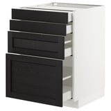 Ein weißer METOD-Küchenschrank mit Schubladen aus dunkel gebeizter Esche in traditionellem Design mit abgeschrägten Kanten und selbstschließenden Schubladen.