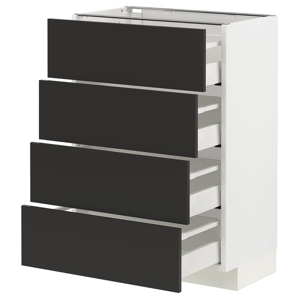 Moderner schwarzer Küchenschrank, weißer Rahmen, vier ausziehbare Schubladen, schlankes, minimalistisches Design.