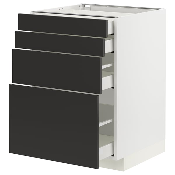 Ein weißer METOD-Küchenschrank mit vier schwarzen Schubladen. Modernes Design mit glatten, schwarzen Schubladenfronten.