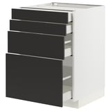 Ein weißer METOD-Küchenschrank mit vier schwarzen Schubladen. Modernes Design mit glatten, schwarzen Schubladenfronten.