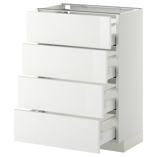 Ein weißer METOD-Küchenschrank mit vier ausziehbaren Schubladen in glänzender Ausführung. Das Design ist schlank und modern, ideal für die organisierte Aufbewahrung.