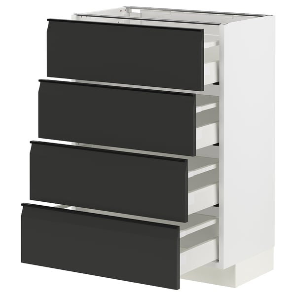 Ein moderner weiß-schwarzer Küchenschrank mit vier schwarzen Schubladen mit schlanken Griffen. Das Design ist minimalistisch und zeitgemäß.