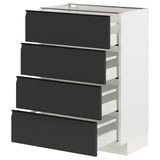 Ein moderner weiß-schwarzer Küchenschrank mit vier schwarzen Schubladen mit schlanken Griffen. Das Design ist minimalistisch und zeitgemäß.