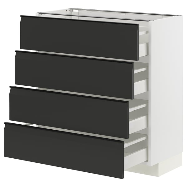 Moderne weiße Küchenzeile mit vier mattschwarzen Schubladen, schlankes Design.
