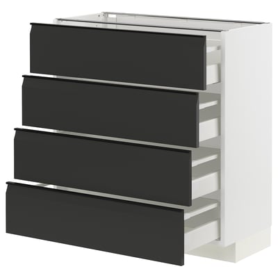 Moderne weiße Küchenzeile mit vier mattschwarzen Schubladen, schlankes Design.