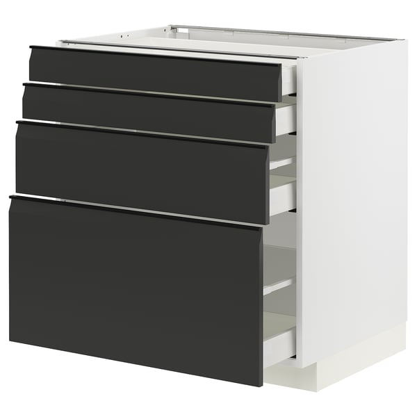 Moderne schwarze IKEA METOD Küchenzeile mit vier Schubladen, schlankes Design.