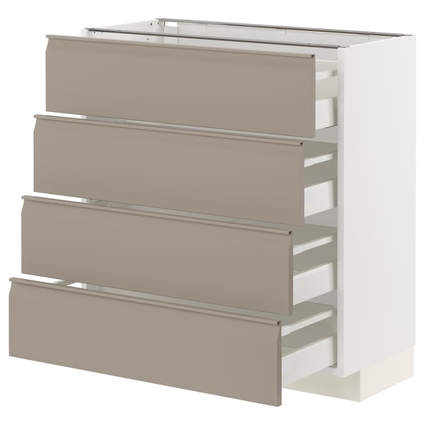 Moderne Küchenzeile: METOD mit beige-braunen Schubladen, schlankem Design, drei Schubladen und grifflosen Fronten.