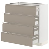 Moderne Küchenzeile: METOD mit beige-braunen Schubladen, schlankem Design, drei Schubladen und grifflosen Fronten.