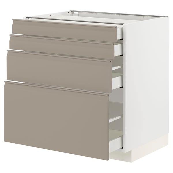 Moderner Küchenschrank in Grau-Beige mit mattem Finish, mit vier integrierten Schubladen, klaren Linien und einer quadratischen Form.