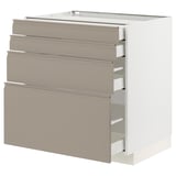Moderner Küchenschrank in Grau-Beige mit mattem Finish, mit vier integrierten Schubladen, klaren Linien und einer quadratischen Form.