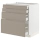 Moderner Küchenschrank in Grau-Beige mit mattem Finish, mit vier integrierten Schubladen, klaren Linien und einer quadratischen Form.