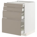Moderner Küchenschrank in Grau-Beige mit vier ausziehbaren Schubladen, minimalistischem Griffdesign, quadratischer Form und schlanken Kanten.