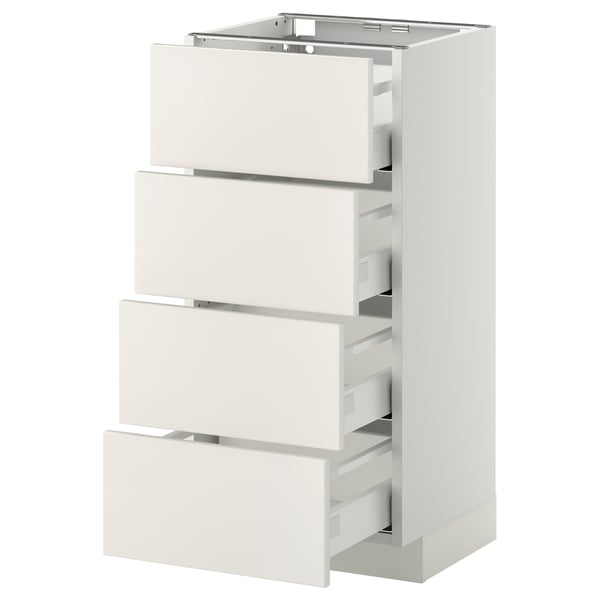 Weißer METOD-Küchenschrank mit vier Teilschubladen, schlankes, modernes Design.